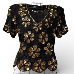 Vintage ~ 80s ~ Stenay ~ Top ~ Small ~ Blouse ~ Silk ~ Sequins ~ Black & Gold